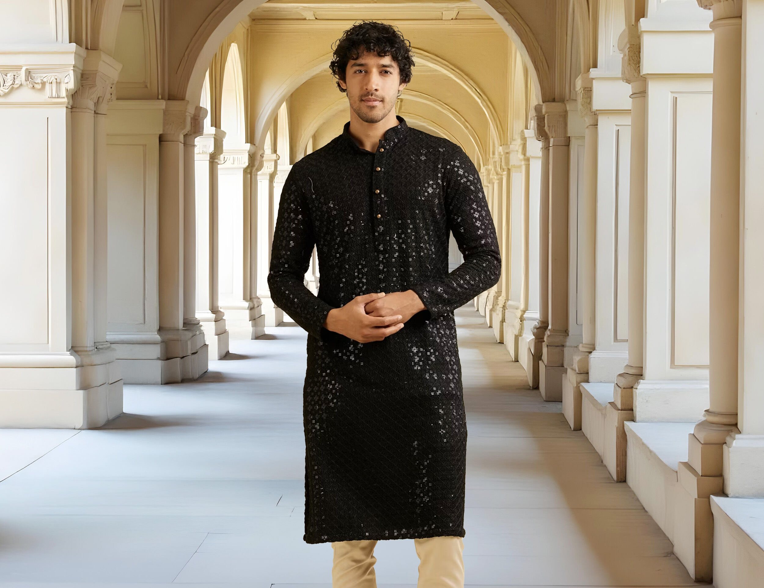 Man wearing a black Chikankari kurta with subtle sequins, ideal for groom’s wedding look
